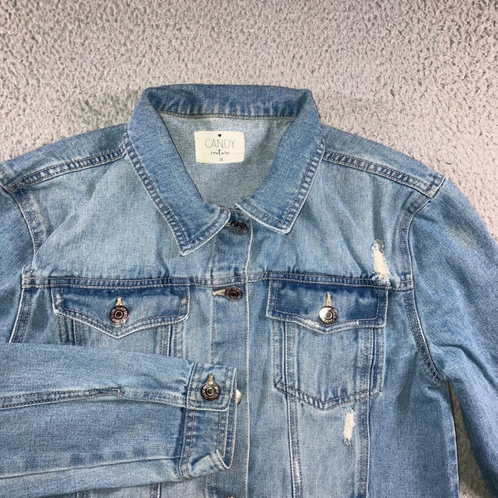 VTG Style Distressed Denim Jacket Girls 14 Medium Wash Shredded 90s Outdoor Flaw